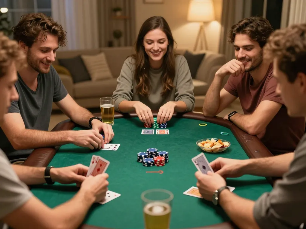 Exciting poker game with friends at home, nk88 tactics in focus.