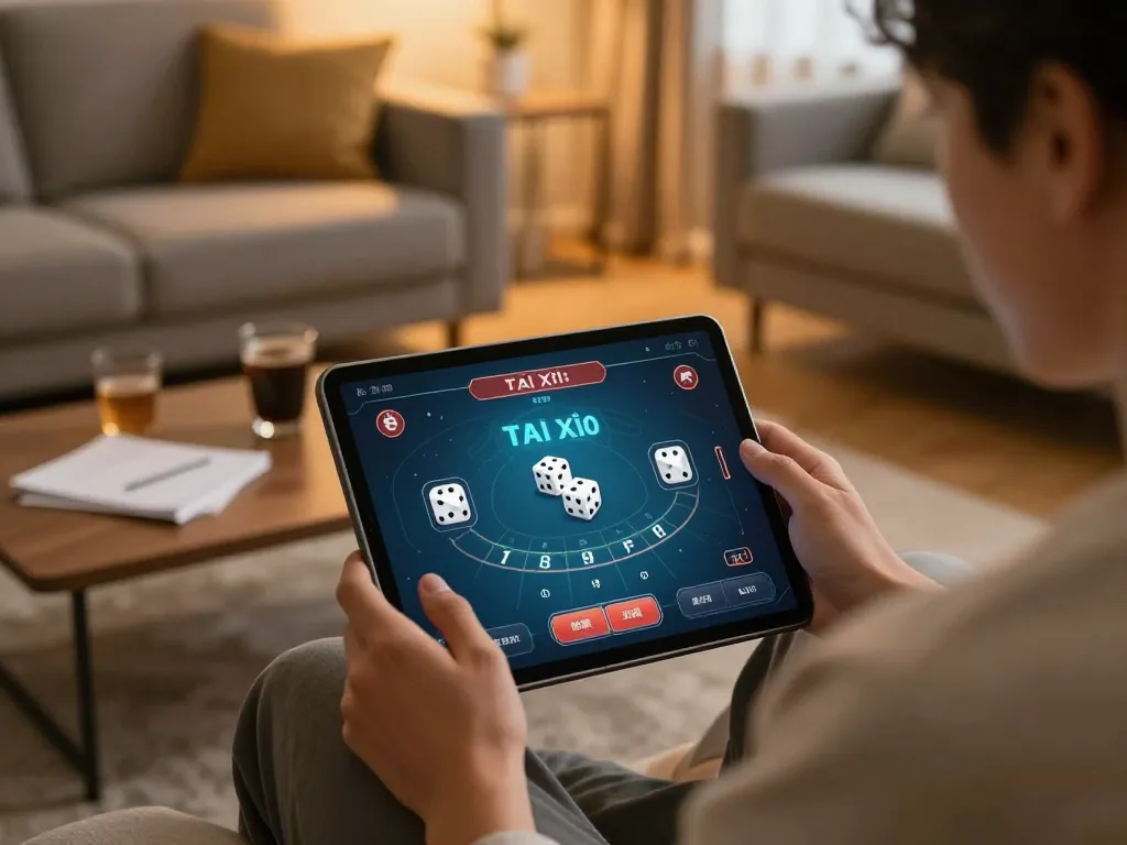 Tài xỉu online game being played on a tablet with gaming interface visible, cozy home setup.