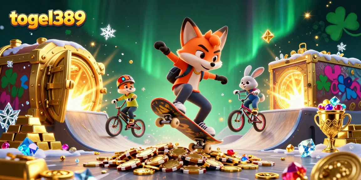 Enhance your luck with togel389 in this dynamic casino-themed illustration featuring a skateboarder fox.