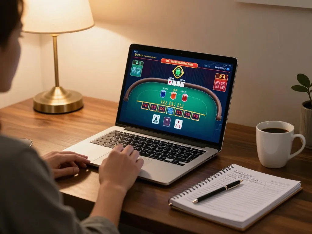Player engaging with gg 88 blackjack game on laptop, integrating strategy notes in a cozy home setting.