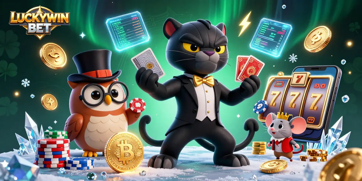 Engage with LUCKYWIN BET as stylish characters deal cards and showcase vibrant crypto elements.