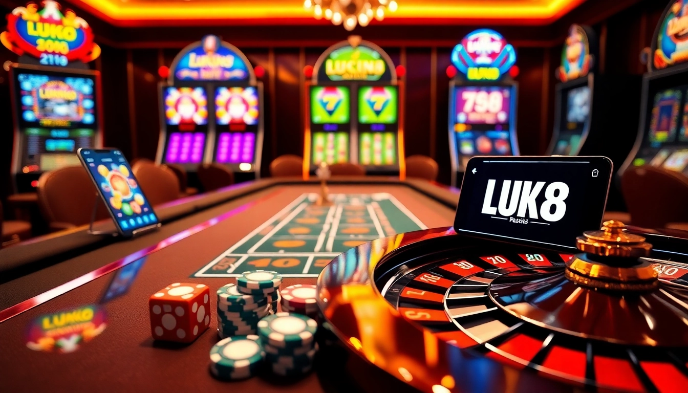 LUCK8 gaming table at a vibrant casino with poker chips and slot machines, showcasing excitement.