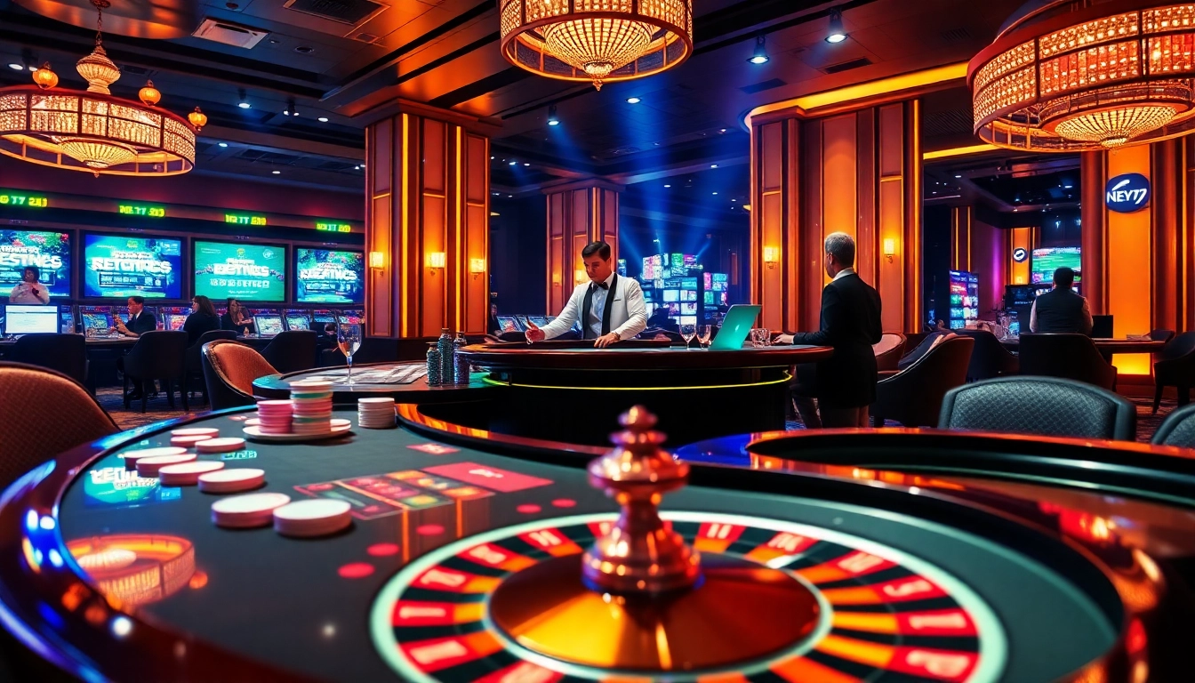 Exciting NEO79 casino scene featuring engaging dealers, poker chips, and vibrant atmosphere.