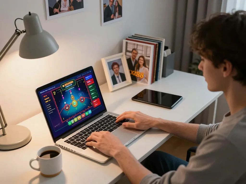 Explore gaming strategies at xx88 com, a player engaged in online casino action with immersive visuals