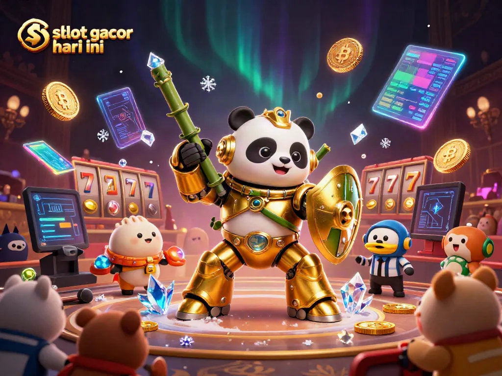 Permainan di situs slot gacor hari ini dengan panda emas dan elemen slot yang dinamis.