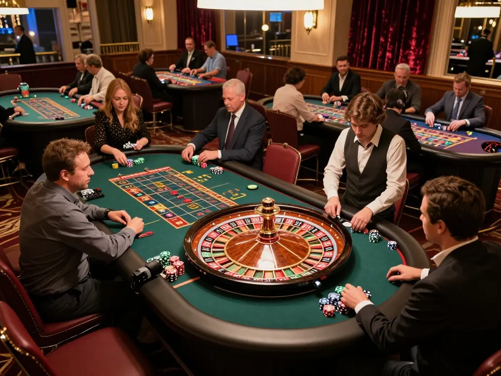 Players engaging at the roulette table in a vibrant casino, capturing the excitement of HM88 gaming.