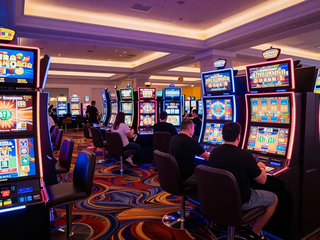 Players engaging with dynamic slot machines at FC88 casino, celebrating wins in vibrant surroundings