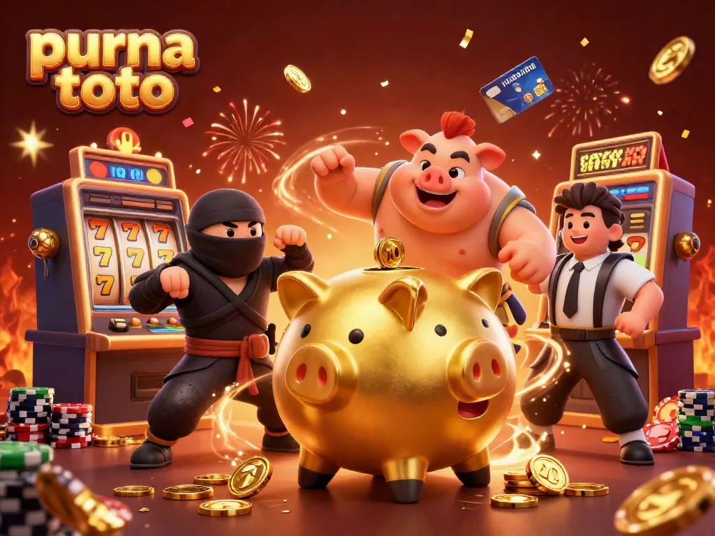 Permainan purna toto dengan sumo dan ninja di kasino slot yang penuh koin emas.