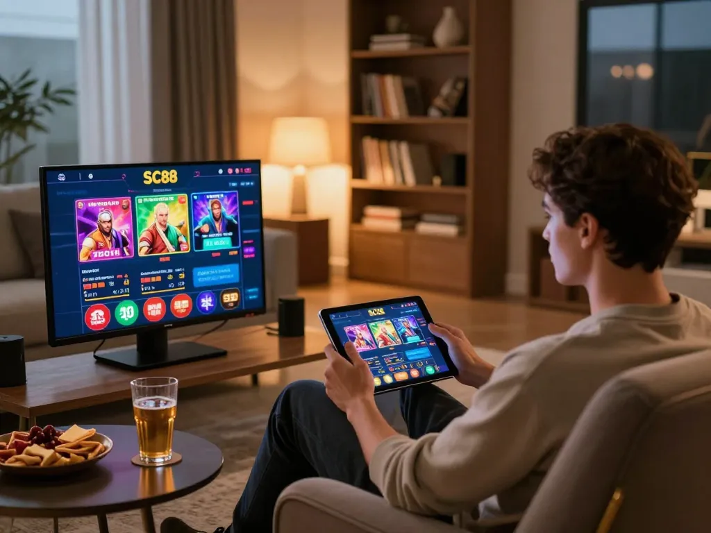 Engaging SC88 gameplay on a tablet with a player in a cozy home setting