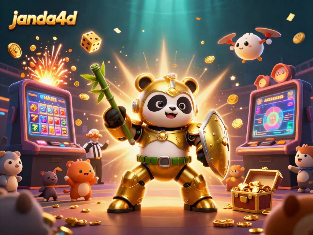 Gambaran promo JANDA4D dengan panda emas sebagai karakter utama, dibalut suasana kasino penuh hadiah.