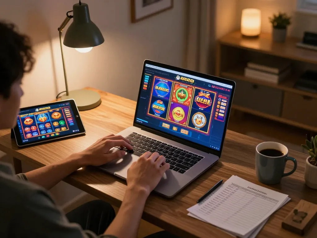 Player engaging in slot gacor games on a laptop within a cozy home office setting