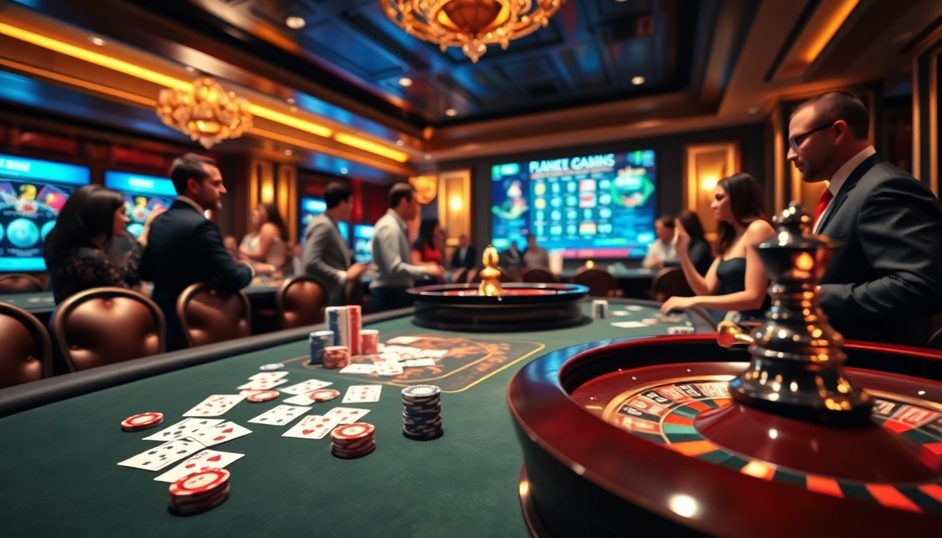 Engaging casino scene at https://f1686s.com/ with a poker table, roulette, and vibrant atmosphere.