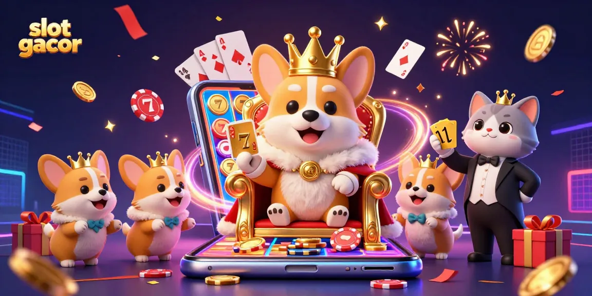 Engaging scene showcasing slot gacor excitement with a royal corgi and gaming elements bursting with fun.