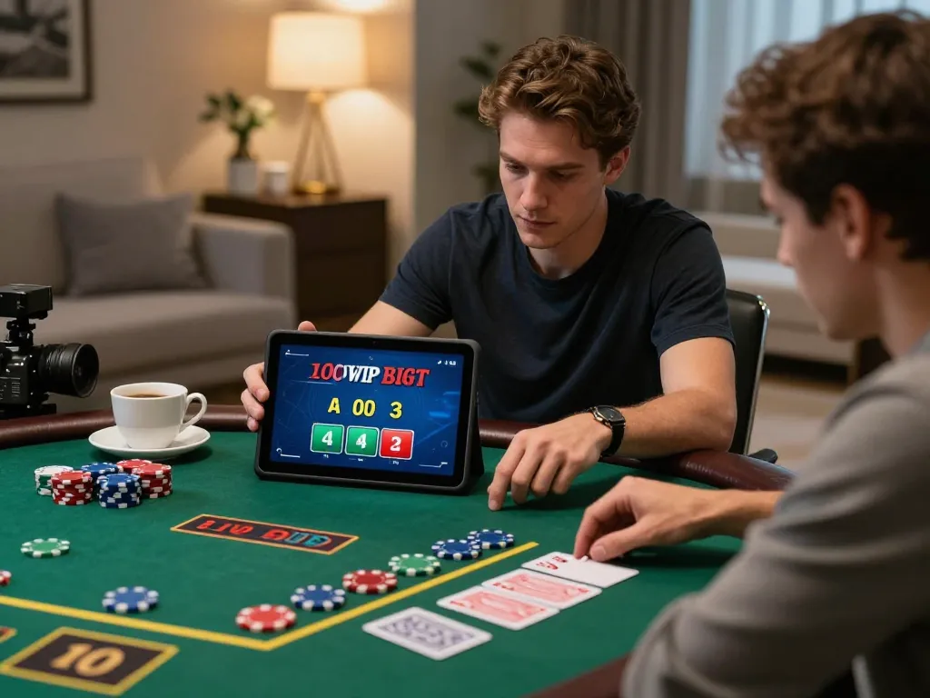 Player engaging in strategic gameplay with 100vip's online blackjack game, showcasing intense focus and modern home ambiance.