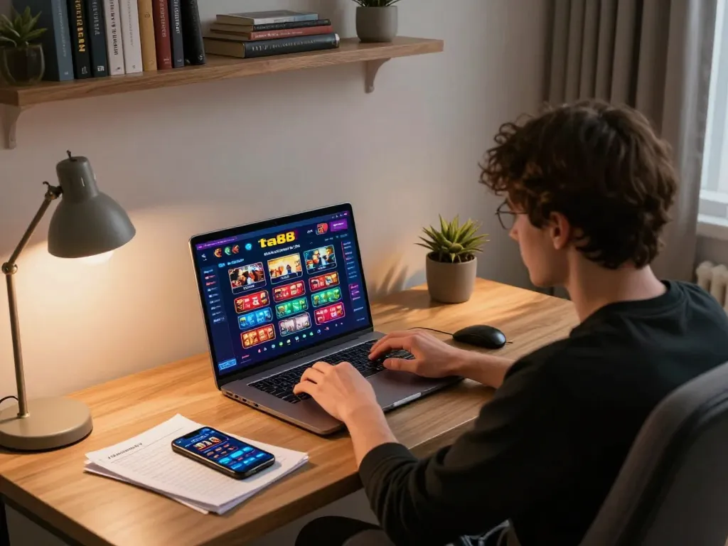 Player engaging with ta88 online casino interface, showcasing strategic gameplay at home.