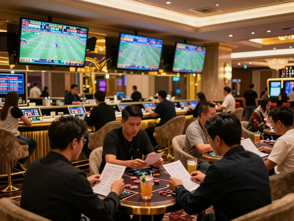 Engaged bettors placing strategic bets at SG 777 sports lounge with live game displays.