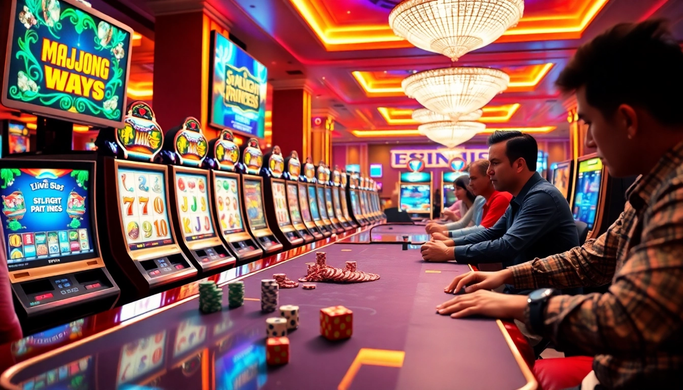 Situs Slot action happens at a vibrant casino, highlighting engaging slot machines and colorful poker chips.