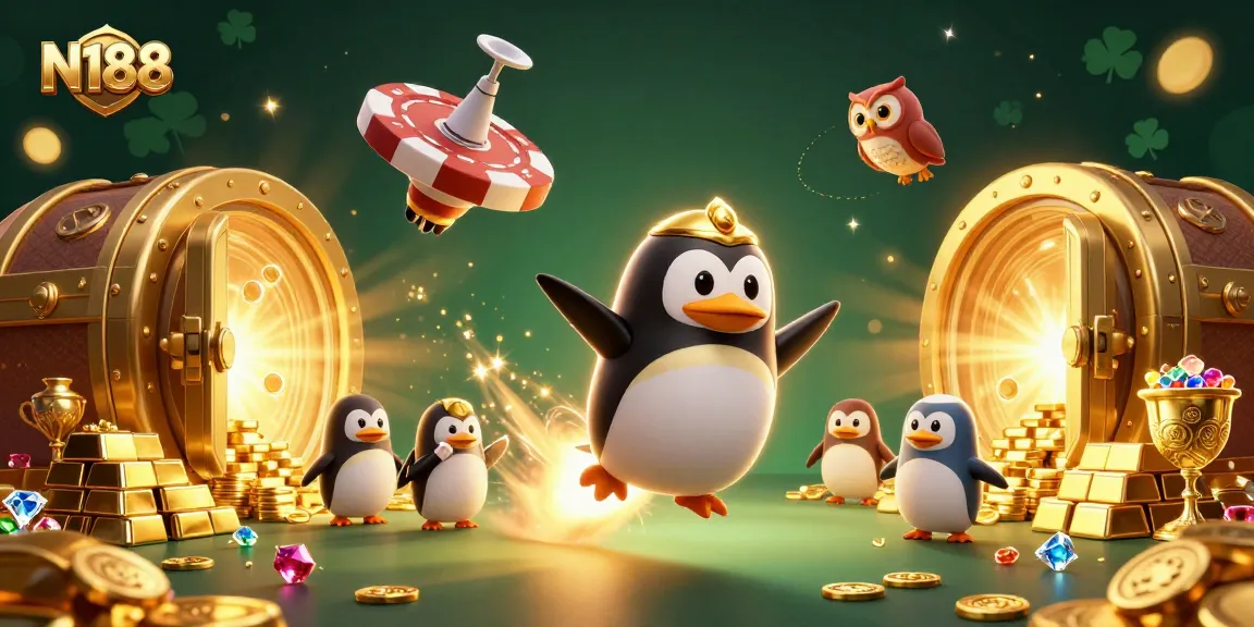 N188 players enjoy thrilling casino wins encountering a golden penguin in a vibrant 3D space scene.