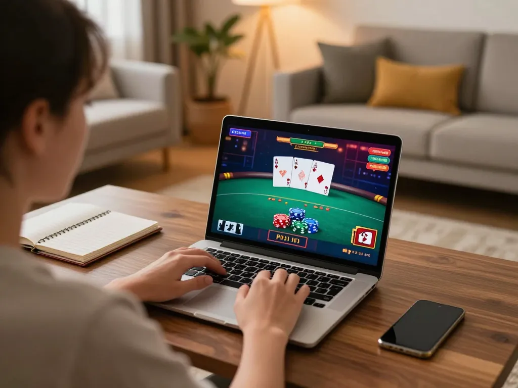 Person enjoying a strategic LV88 poker game on a cozy laptop setup at home.