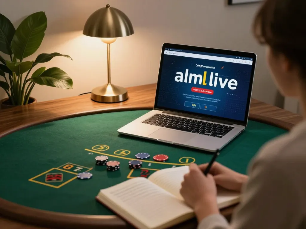Misteribet gameplay on almlive platform, showcasing engaging blackjack session with strategic focus at home.