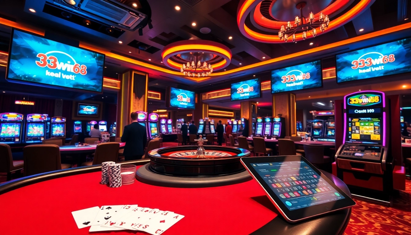 Engaging scene of a casino table featuring 33win68, colorful poker chips, and a roulette wheel.