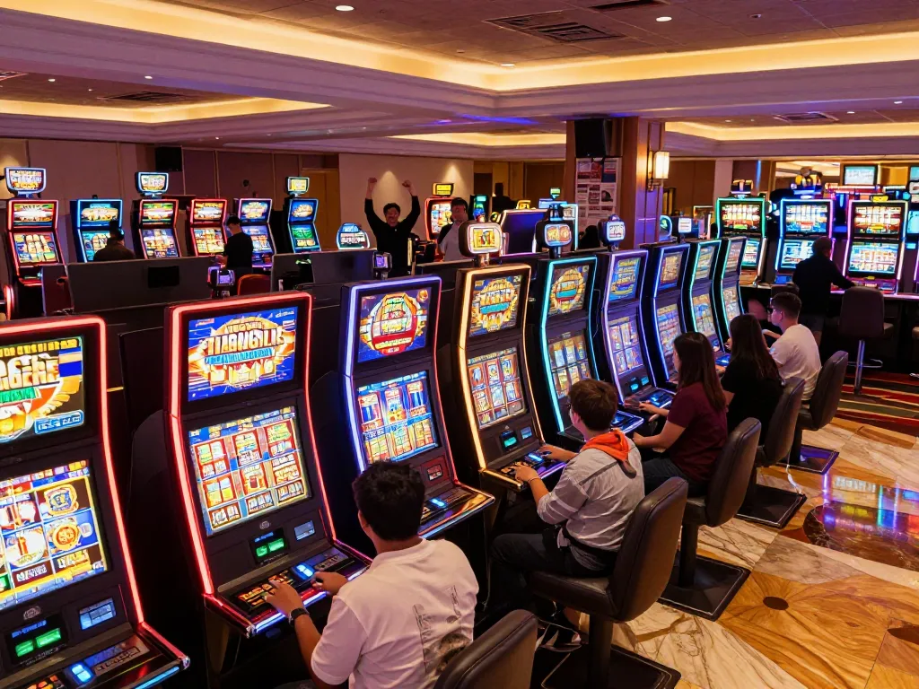 Players enjoying slot mpo777 gaming experience surrounded by colorful machines in a modern casino.