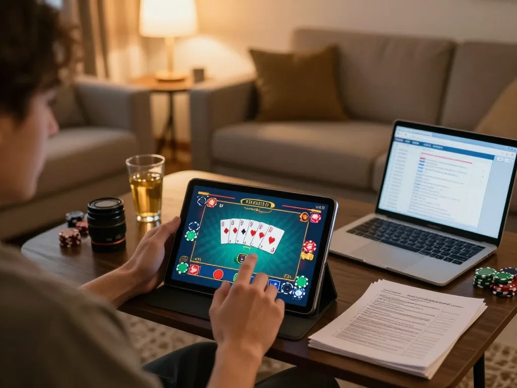 Player using F8BET on a tablet, engaged in online poker from a cozy home setting.