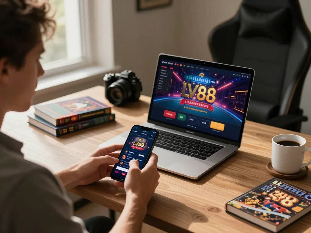 Engaging with the LV88 casino app on a smartphone in a modern home gaming setup.
