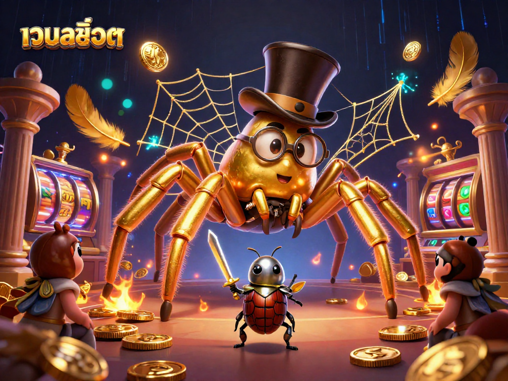 Spin the เว็บสล็อต reels in a vibrant casino scene featuring a golden tarantula and beetle knight.