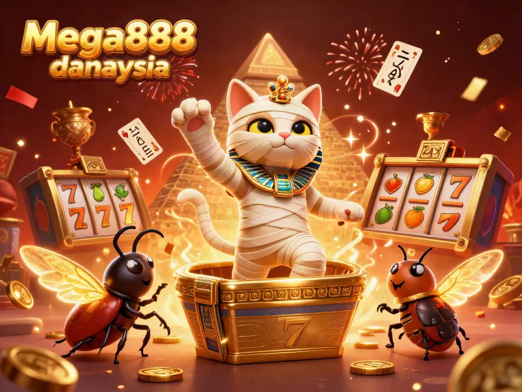 Experience the excitement with Mega888 download Malaysia featuring vibrant casino elements and a lively mummy character.