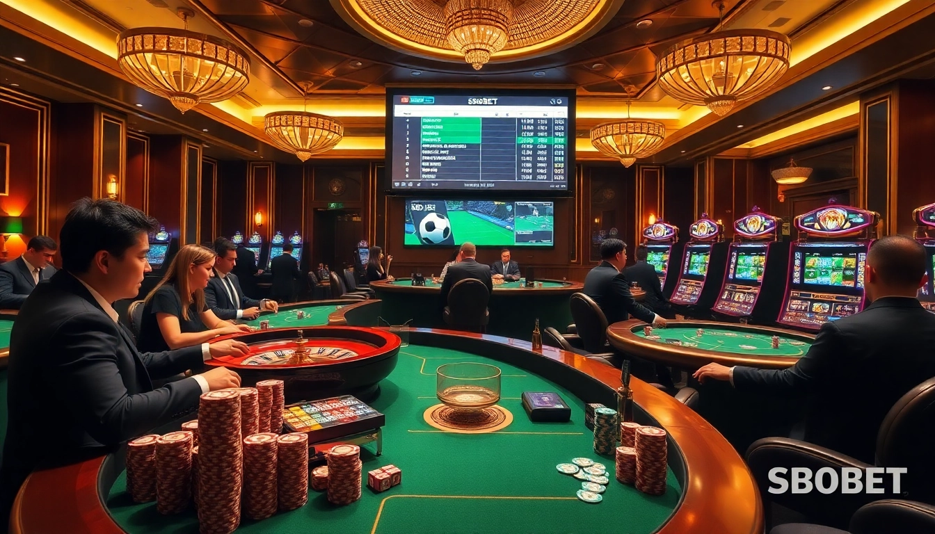 SBOBET sports betting scene showcasing a luxurious casino atmosphere with roulette and poker.