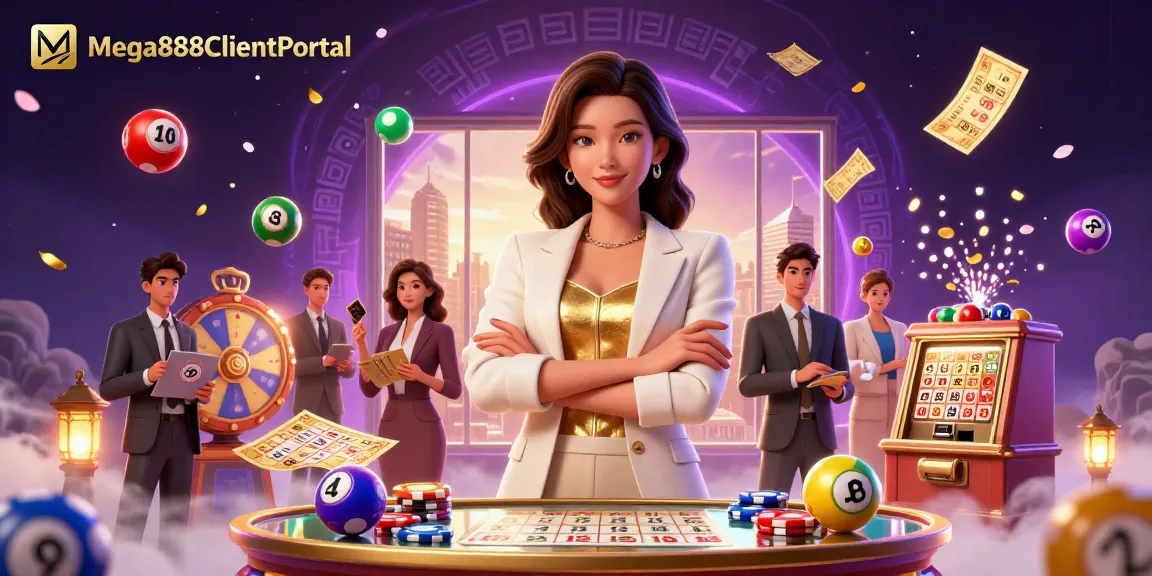 Experience the thrill of Mega888ClientPortal with a powerful businesswoman in an elegant casino scene filled with colorful lottery elements.