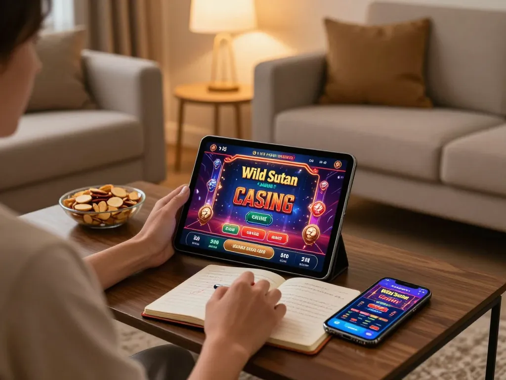 Engaging in online gaming at Wild Sultan fr casino on tablet with strategic notes and smartphone.