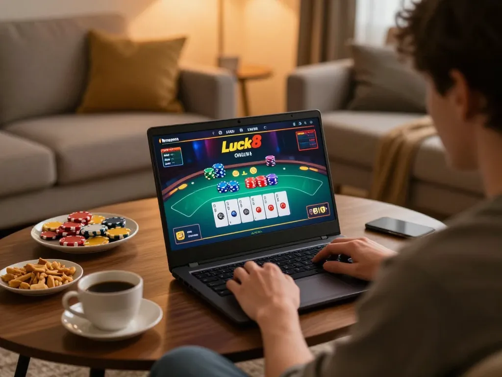 Luck8 online casino gaming setup with player strategizing on laptop