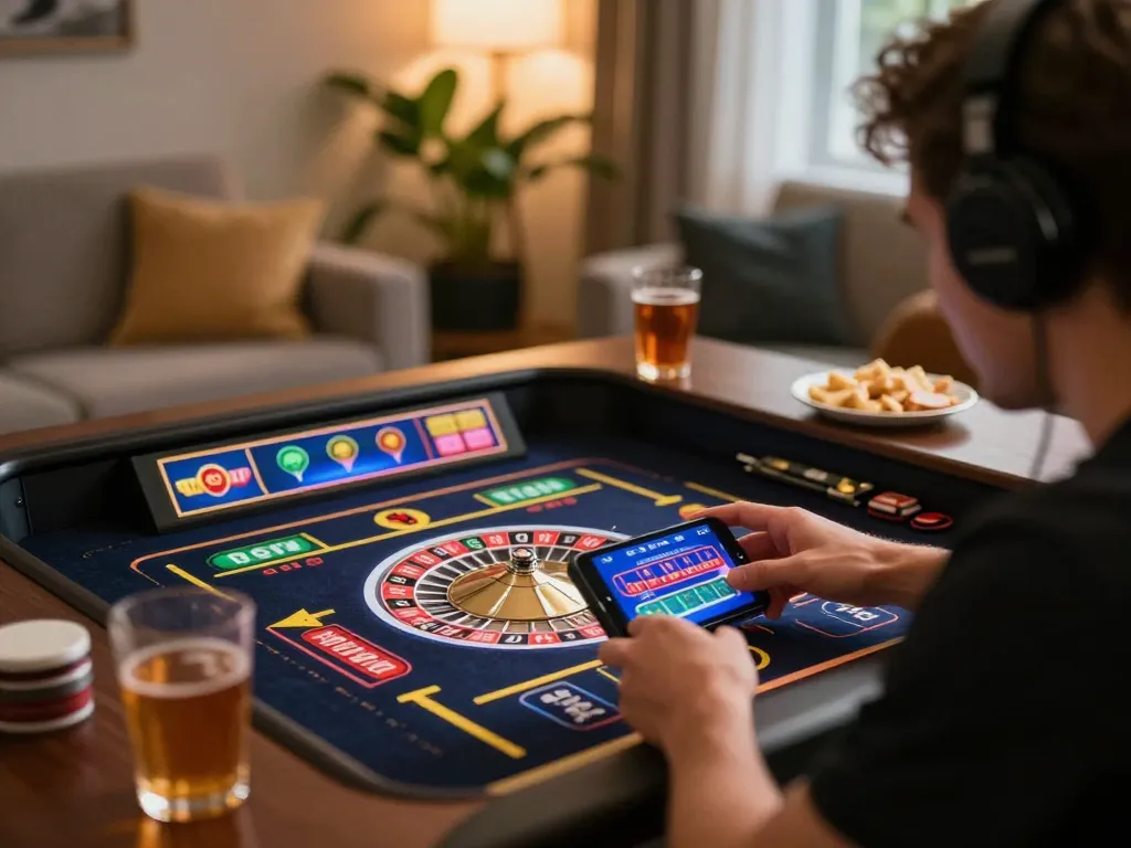 FC88 player enjoying an online roulette game on smartphone in a cozy living room atmosphere