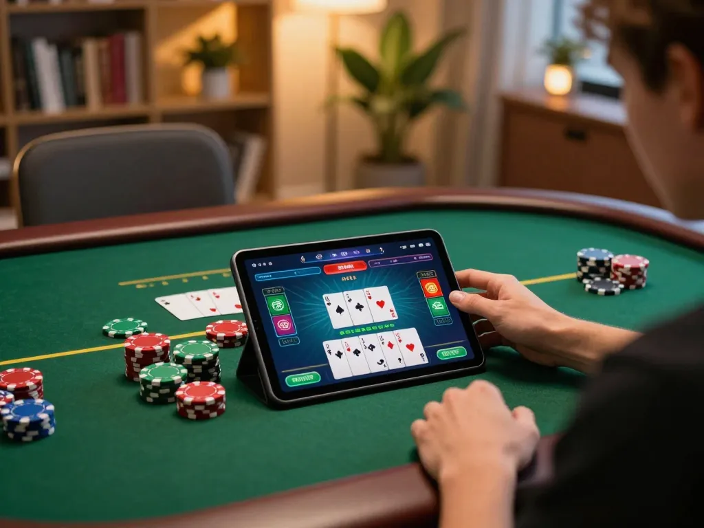 Player engaging with TG 777 online poker game on tablet, colorful chips and cozy atmosphere.