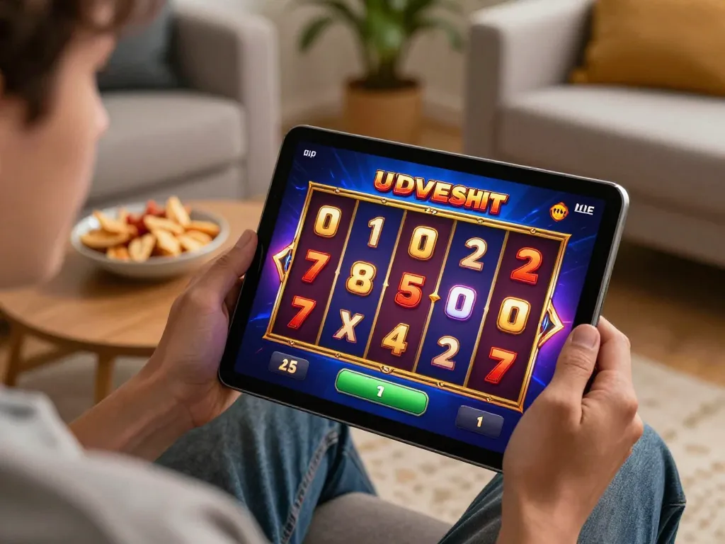 Engaging in exciting online gaming at https://rr888.shopping/, showcasing vibrant slot game action on a tablet.
