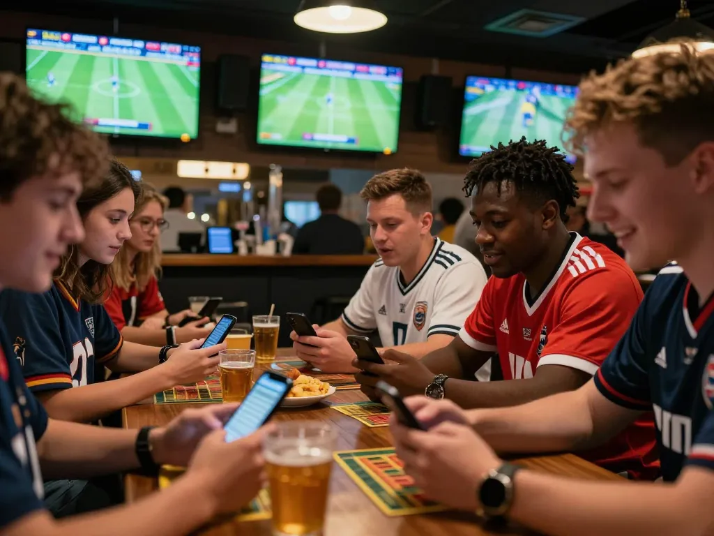 Bongdalu users engaged in sports betting at a lively venue, placing bets on their smartphones in excitement