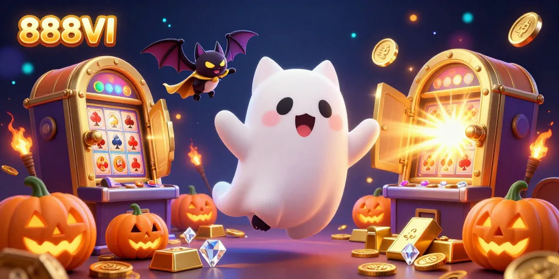 Experience the excitement of 888VI in a vibrant casino scene with a friendly ghost cat and glowing jack-o-lanterns.
