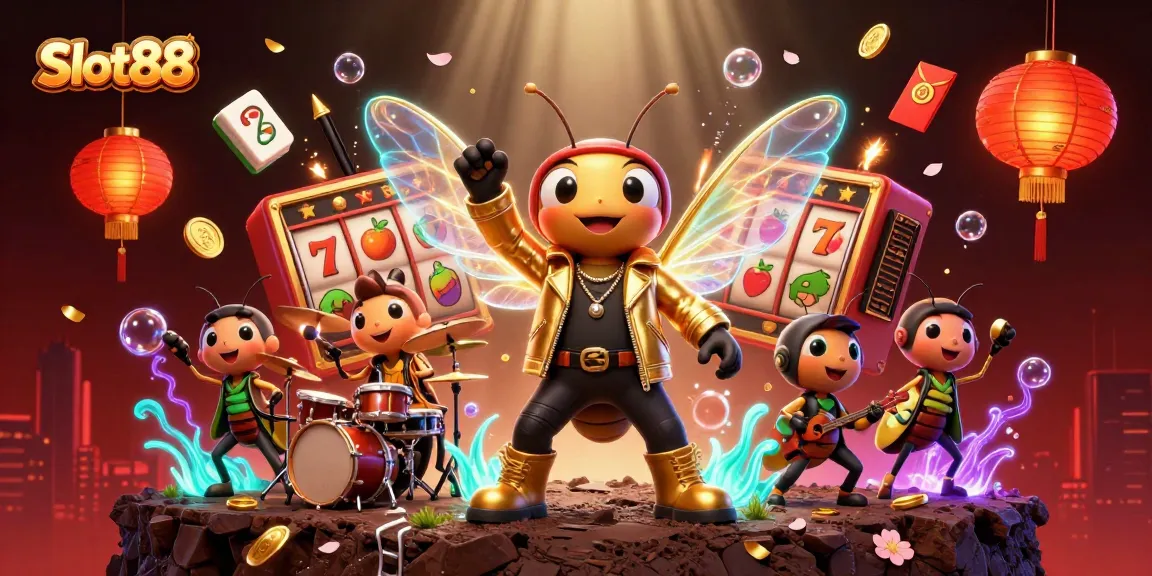 Play engaging Slot88 games with dynamic 3D visuals of a cicada rock star and vibrant casino elements.