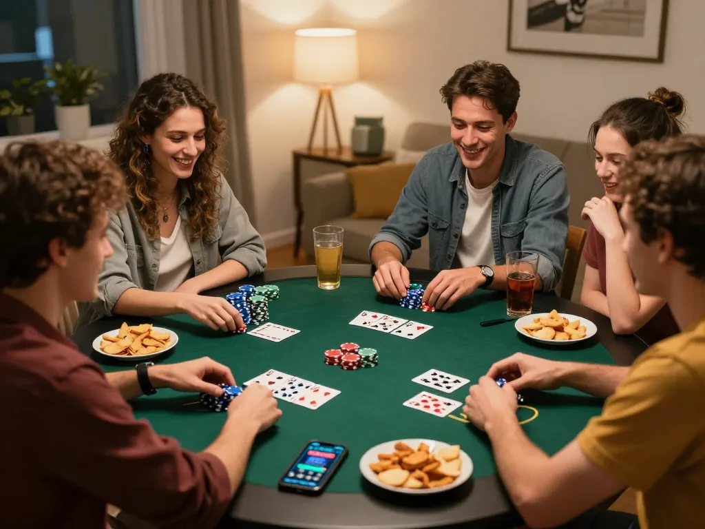 Friends enjoying a poker night while playing slot online gacor on their smartphones amidst lively atmosphere.