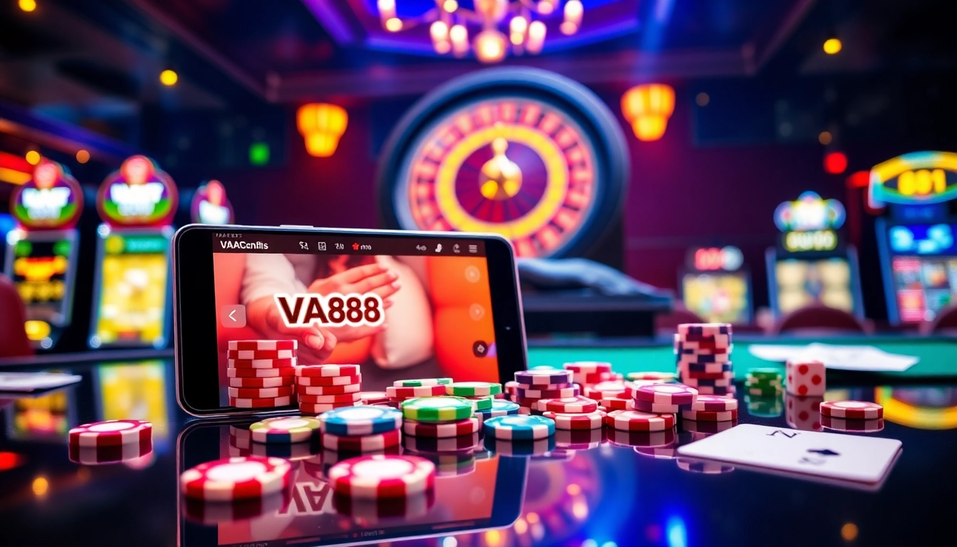VA88 casino scene showcasing vibrant poker chips, roulette wheel, and smartphone gambling interface.