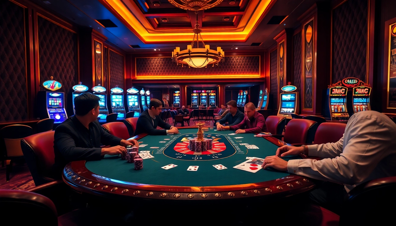 Engage in high-stakes poker at Okking luxury casino featuring vibrant lights and well-dressed players.