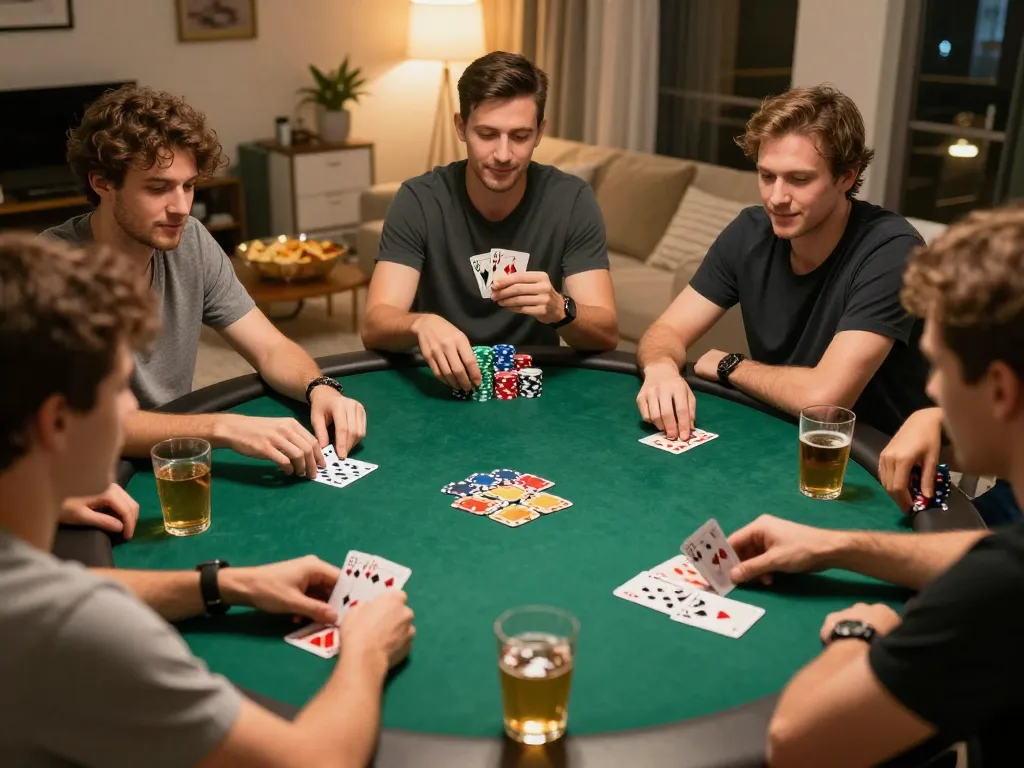 Engaging home poker game showing players focusing on cards while searching for link alterantif mposport.