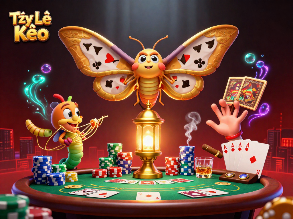 Tỷ Lệ Kèo showcases a vibrant casino scene with a majestic moth, poker elements, and glowing effects.