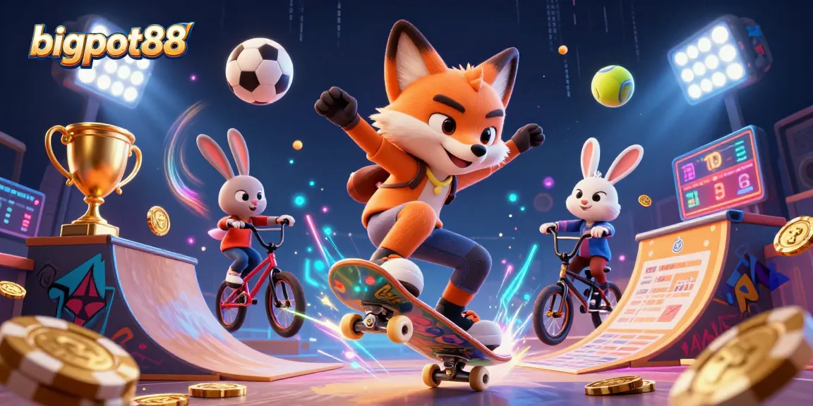 Experience adventure with bigpot88 through a vibrant scene of a skateboarder fox and BMX rabbit.