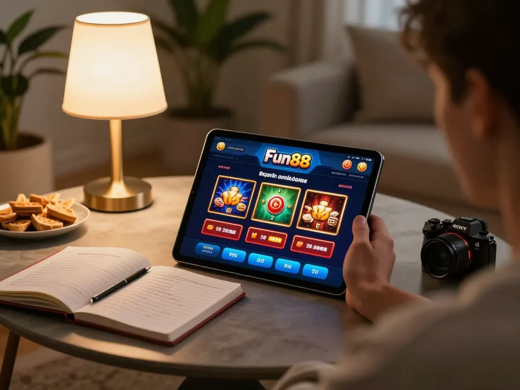 Player engaging with Fun 88 casino app on tablet in a cozy home setup, showcasing strategic online gambling.