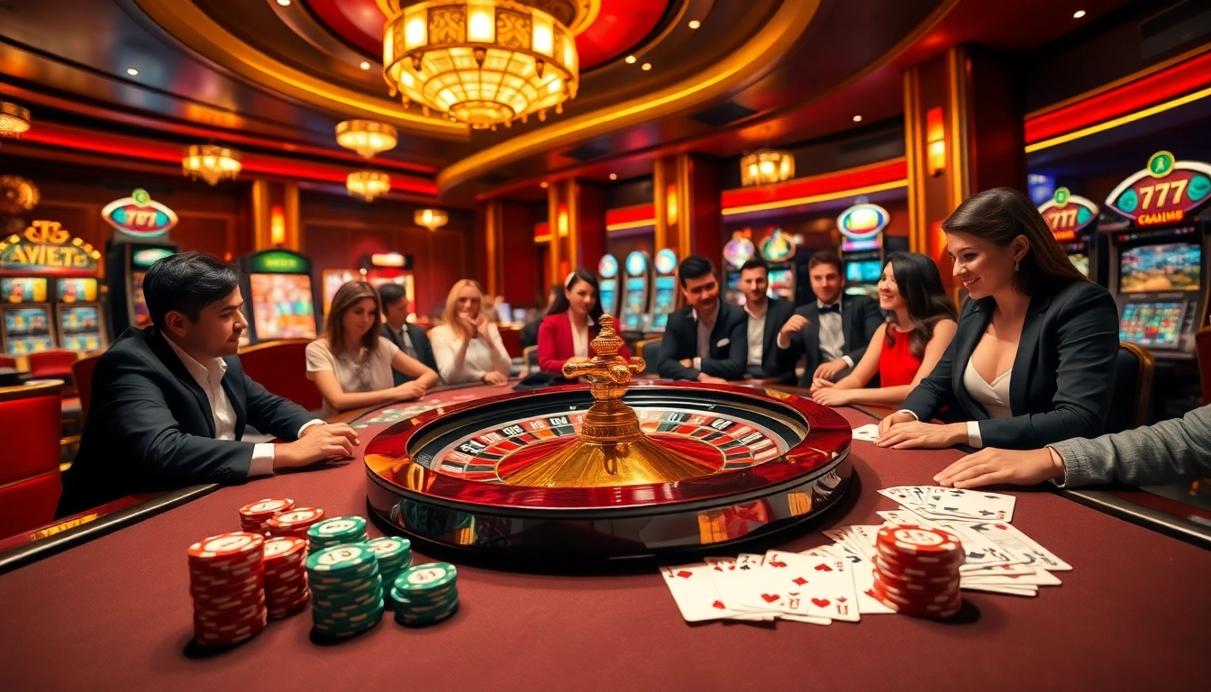 Cucu 777 casino scene showcasing poker chips, a roulette wheel, and an exciting gaming atmosphere.