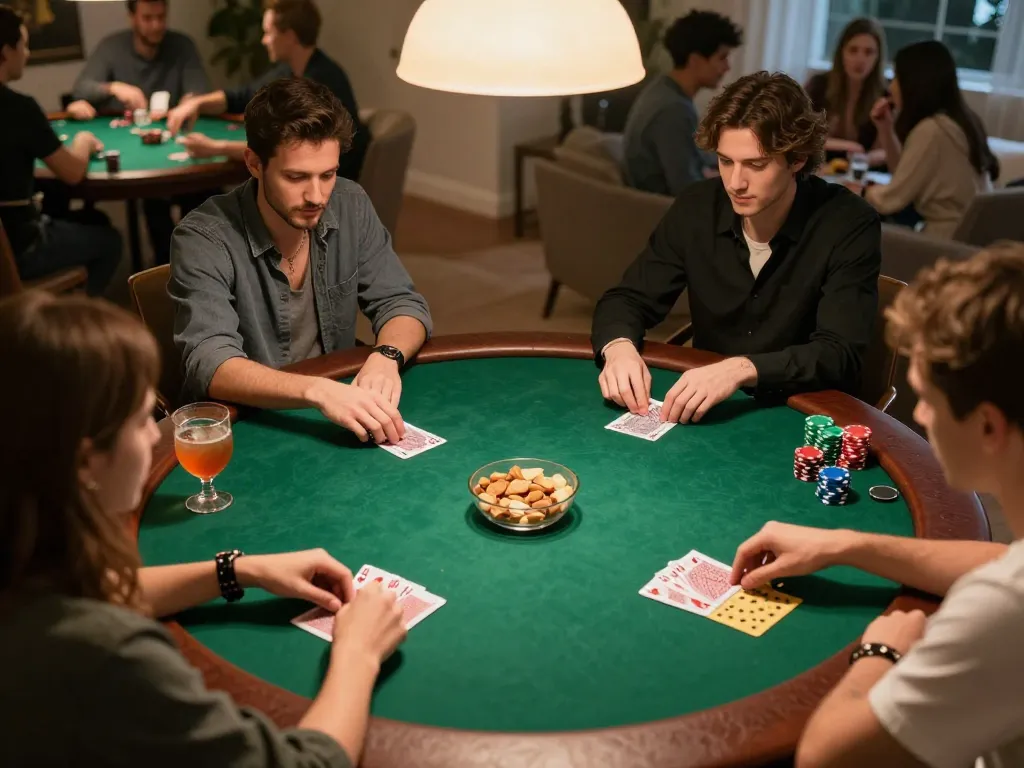 Players enjoying an intense poker game at home, showcasing strategic gameplay with BK8.