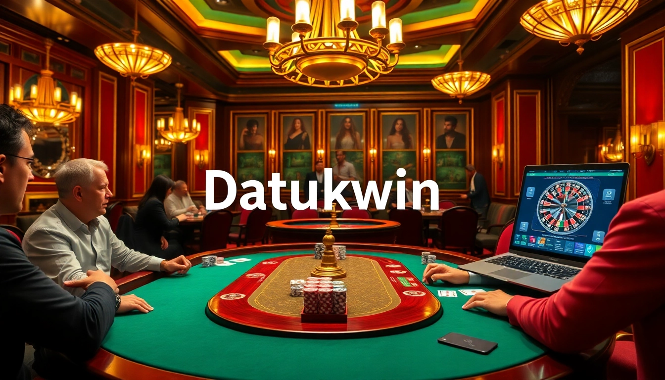 Pemain yang terlibat merencanakan strategi di meja poker mewah di kasino Datukwin, menggambarkan aksi perjudian yang mendebarkan.